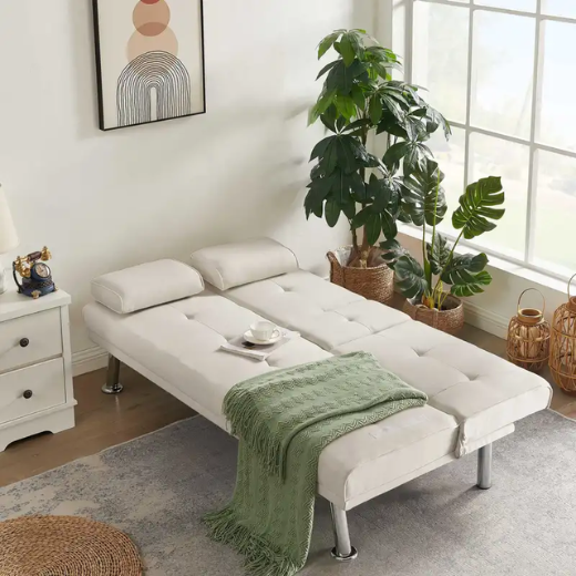1pc, Convertible Sofa Bed with Linen Upholstery, 2 Cupholders, Multi-Angle Adjustable, BeigeBrownDark GrayLight Gray