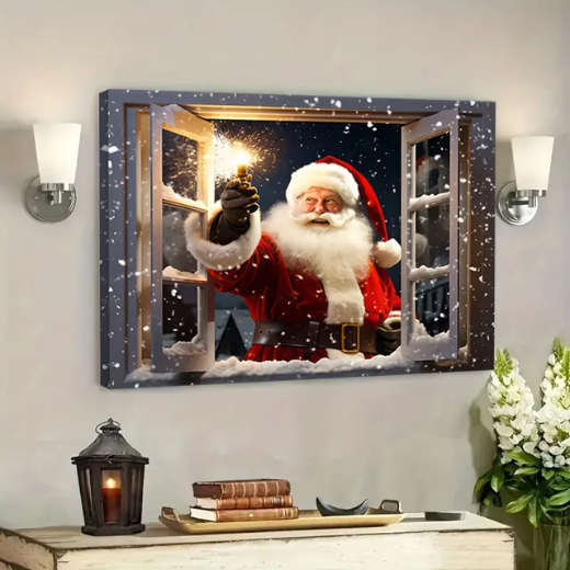 1pc Framed Christmas Wall Art Santa Claus Wall Art Winter Seasonal Wall Decor Vintage Poster Christmas Gift Classic Painting Modern Artwork Canvas Print Picture for Living Room Decorations Holiday