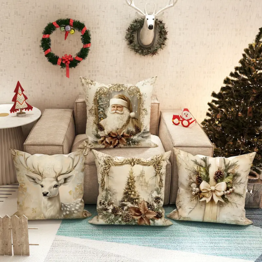 4pcs Velvet Christmas Santa Deer Tree Bow Throw Pillow Covers Vintage Golden White Cozy Soft Decorative Pillowcases One Sided Printing 18in18in for Winter Xmas in Living Room Bedroom Sofa Bed Deco