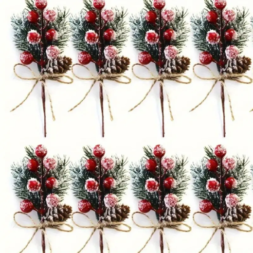8-Pack Christmas Pine Picks with Snowy Berries and Pinecones - Plastic Faux Pine Branches for Holiday Decorations, DIY Tree Trimmings, and Festive Home Accents - No Battery Needed, Non-Electric
