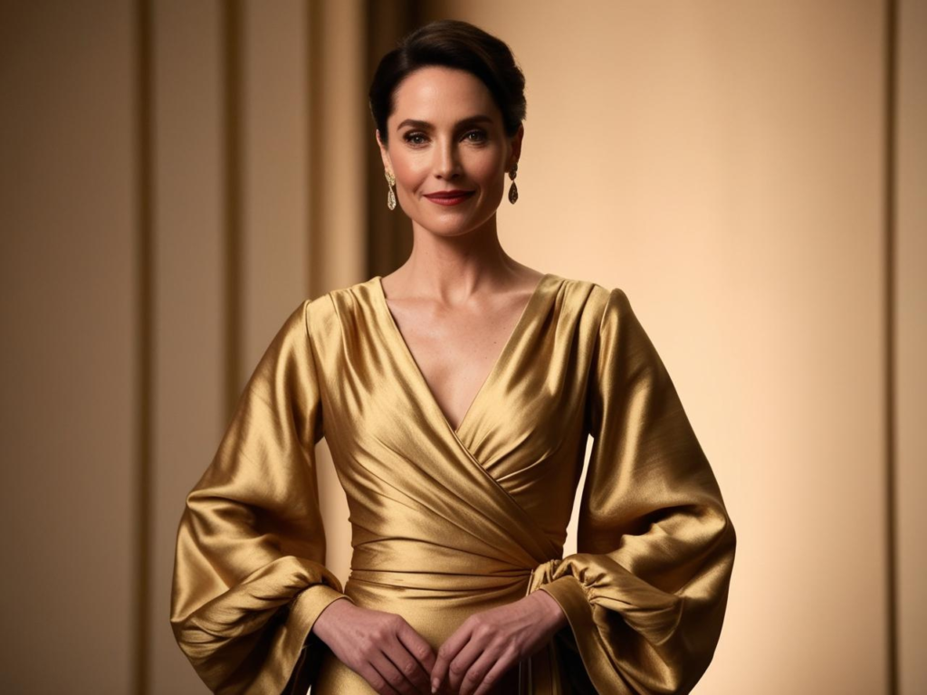 Golden Wrap Dress with Voluminous Sleeves (1)