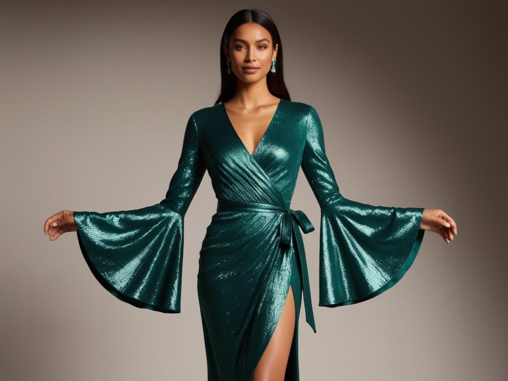 Green Sequin Wrap Midi Dress