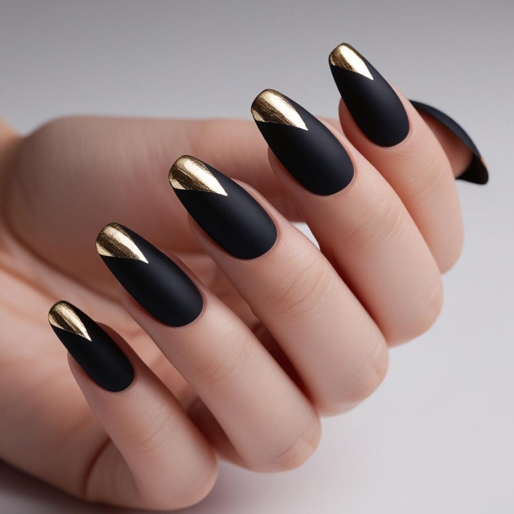Matte Black French Tips with Gold Foil (1)