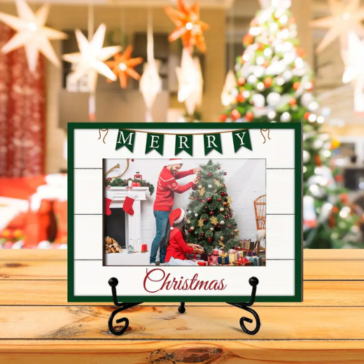 Merry Christmas Wooden Photo Frame with Metal Stand - Vintage Green Flag Design, Ideal for Tabletop Display & Home Decor, Perfect Holiday Gift