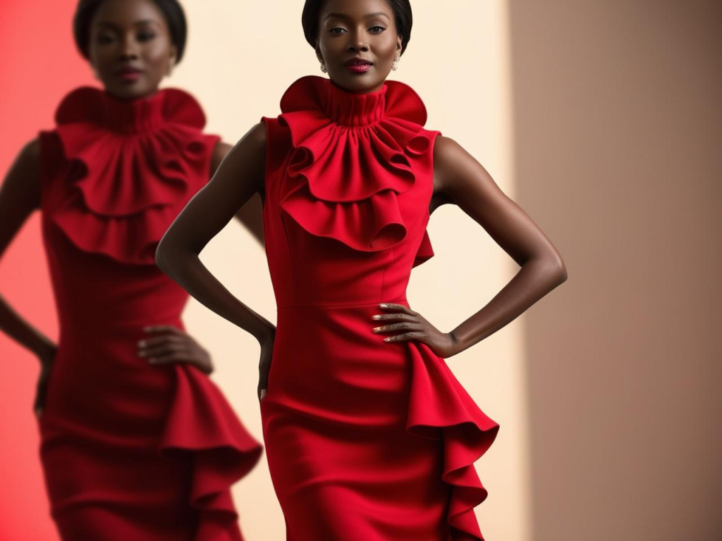 Red High-Neck Ruffled Dress
