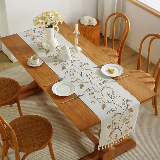 Rustic Embroidered Table Runner with Tassels - Floral Linen Blend, Perfect for Christmas & Dining Decor