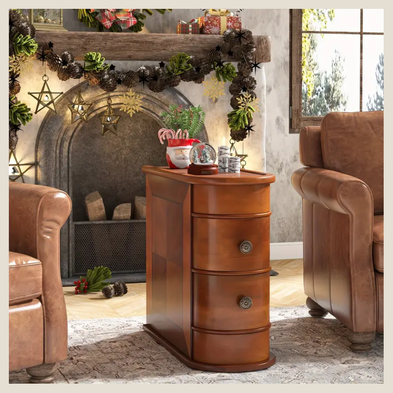Solid Wood End Table, 2-Drawer Narrow Side Table Slim Chair Side Table, No Assembly Required, Finished Back