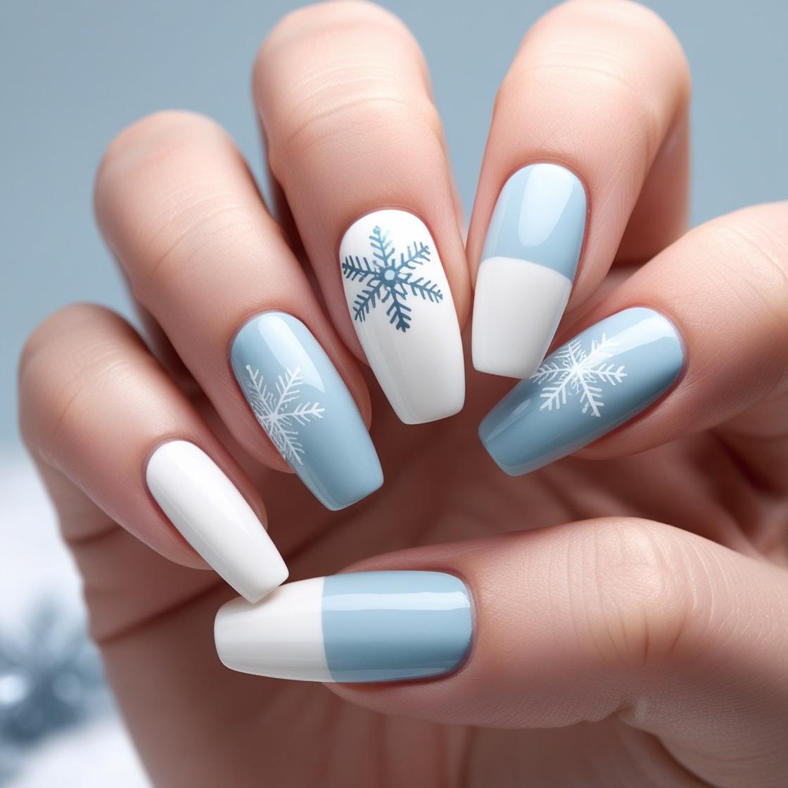 a fresh take on the traditional white tip, with a soft blue hue that feels perfectly on theme for winter. To give it that extra festive touch, I love adding snowflake designs on an accent nail or two.