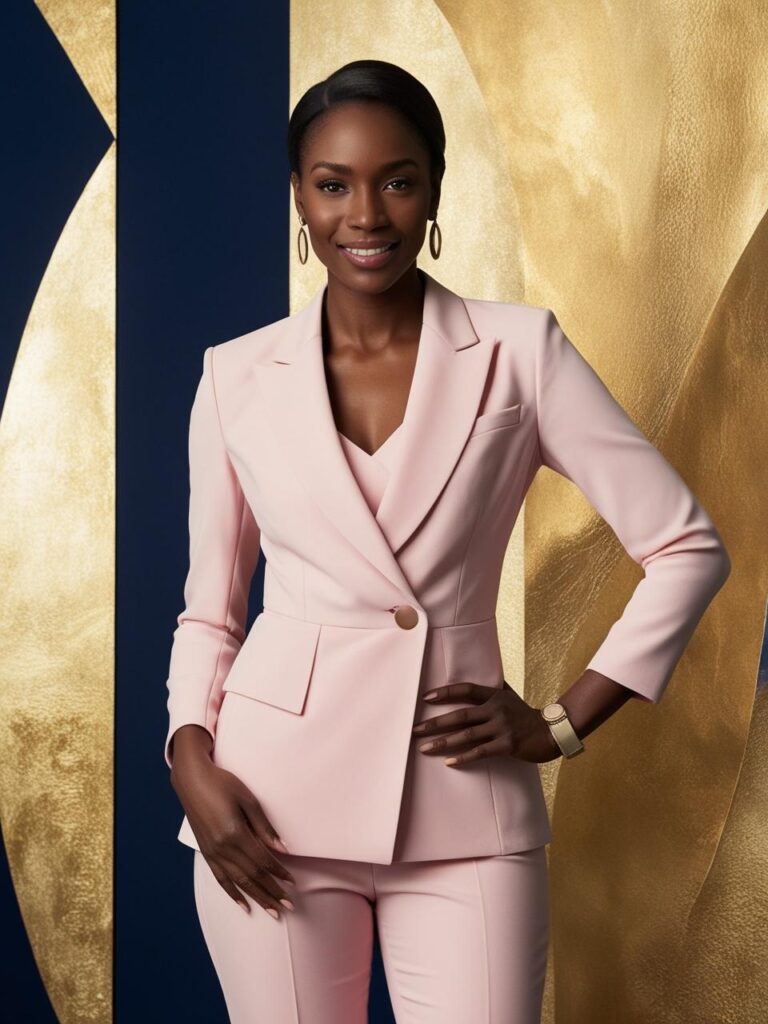 create me a whole body image of a stunning confident woman aged 28, wearing a modern pastel pink blazer and pants suit ensemble. outfit is for office. Use a luxurious gold and navy background ; mak (1)