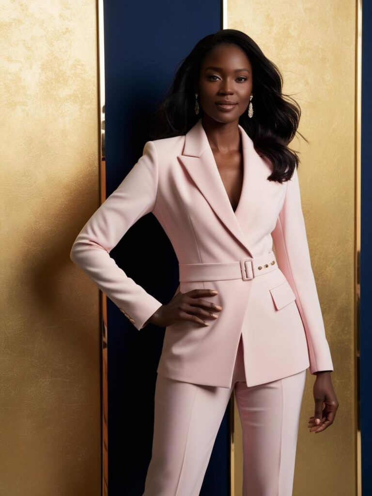 create me a whole body image of a stunning confident woman aged 28, wearing a modern pastel pink blazer and pants suit ensemble. outfit is for office. Use a luxurious gold and navy background ; mak (3)