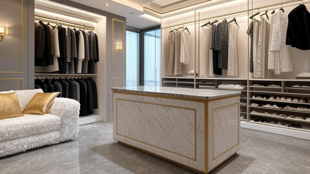 Tidy and elegant walk-in closet in gray and gold accent