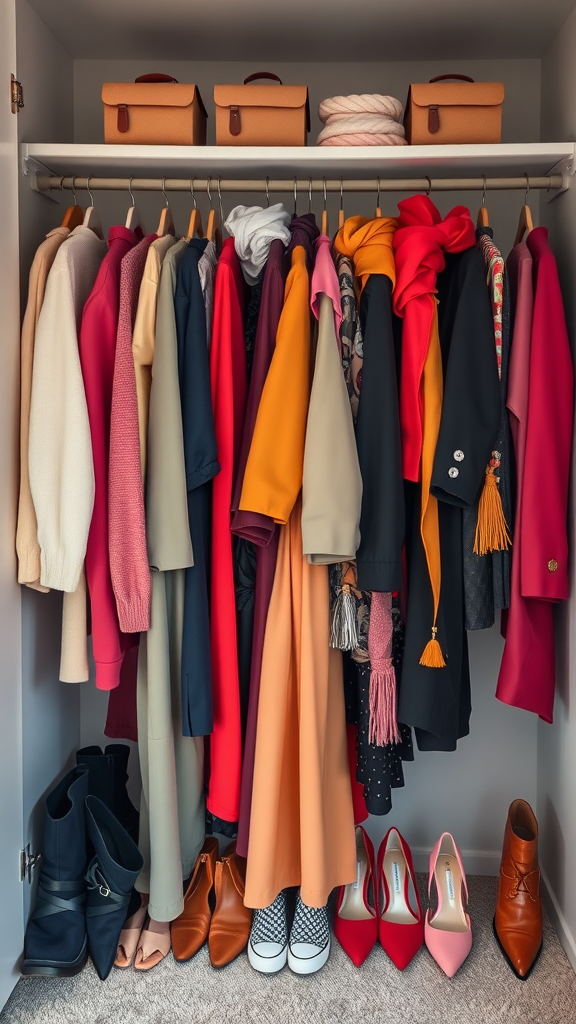 A neatly organized closet with colorful clothing and stylish shoe arrangements.