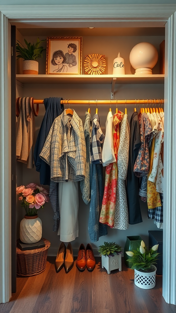 A cozy closet with clothes hanging neatly, decorative items like a framed photo, lamp, and flowers, creating an artistic display.