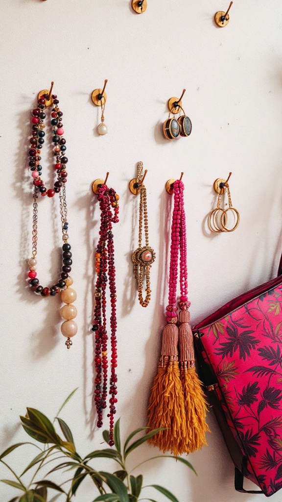 Colorful wall hooks displaying various necklaces and earrings with a vibrant bag nearby.