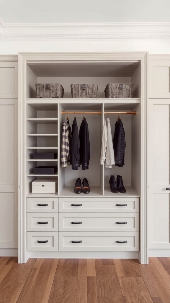 A modern closet with organized clothing, baskets, and drawers.