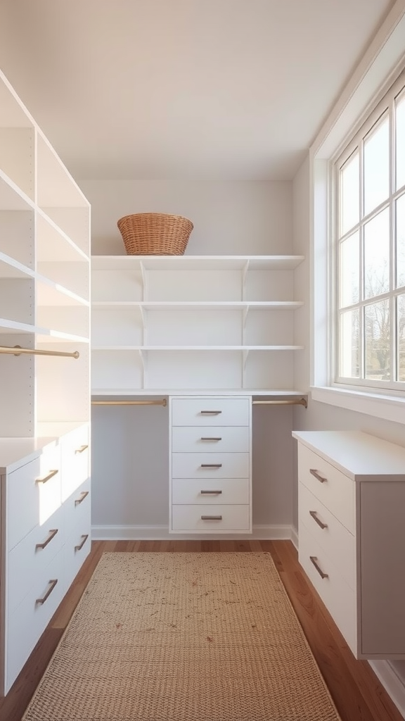 Bright and airy closet design with white shelves and a large window.