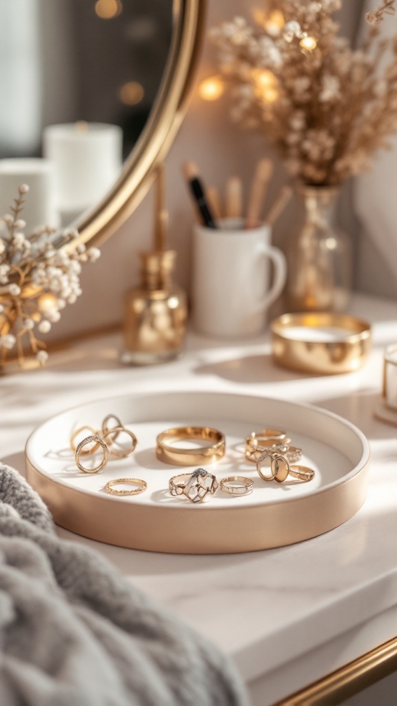 A stylish accessory tray with various gold rings arranged neatly on a marble surface.