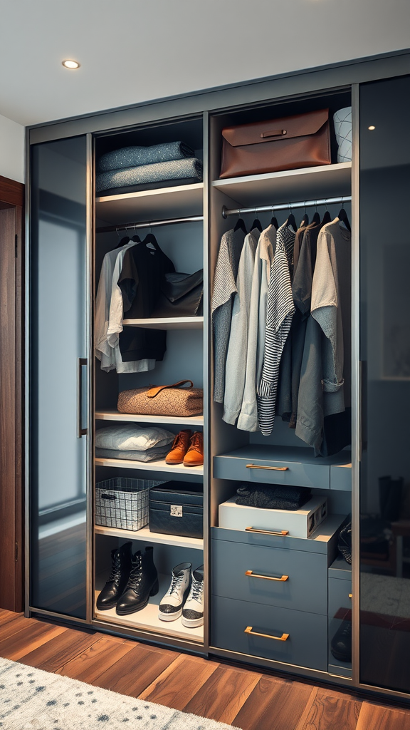 A modern closet featuring sliding doors filled with neatly organized clothing and accessories.