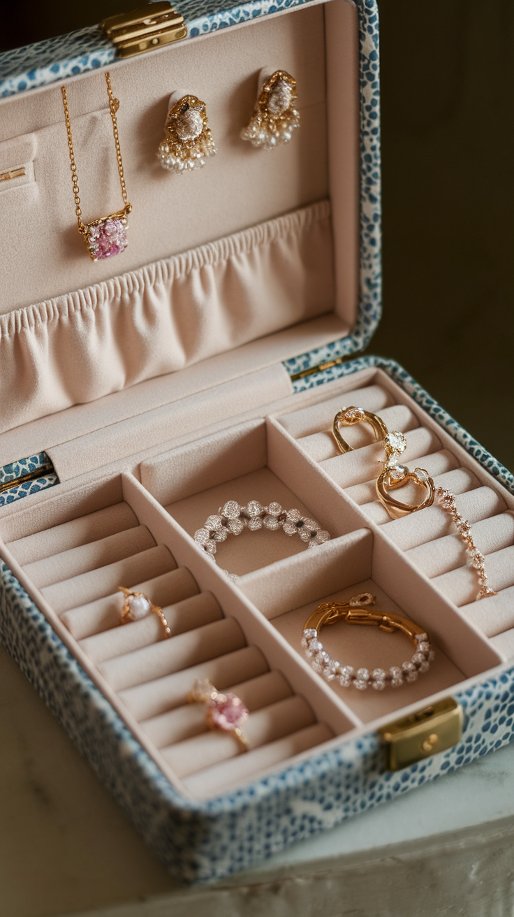 A stylish jewelry box displaying various pieces of jewelry like earrings, necklaces, and bracelets in an organized manner.