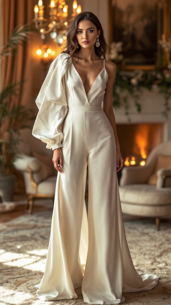 A model wearing a chic white jumpsuit with a wide leg cut, featuring one puff sleeve, in an elegant indoor setting.