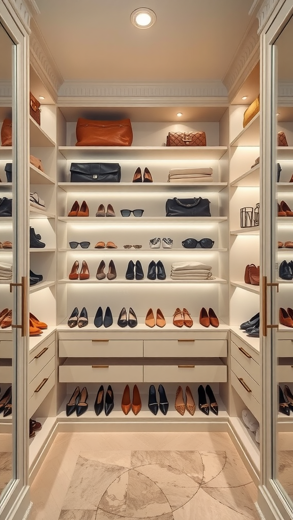 An organized closet with open shelving displaying shoes, bags, and accessories.