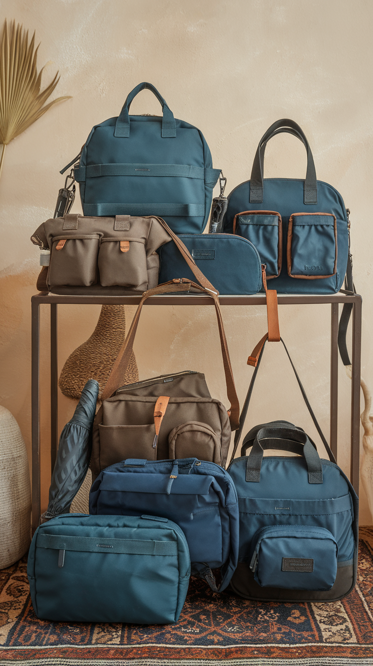 A variety of multi-functional handbags displayed on a shelf.