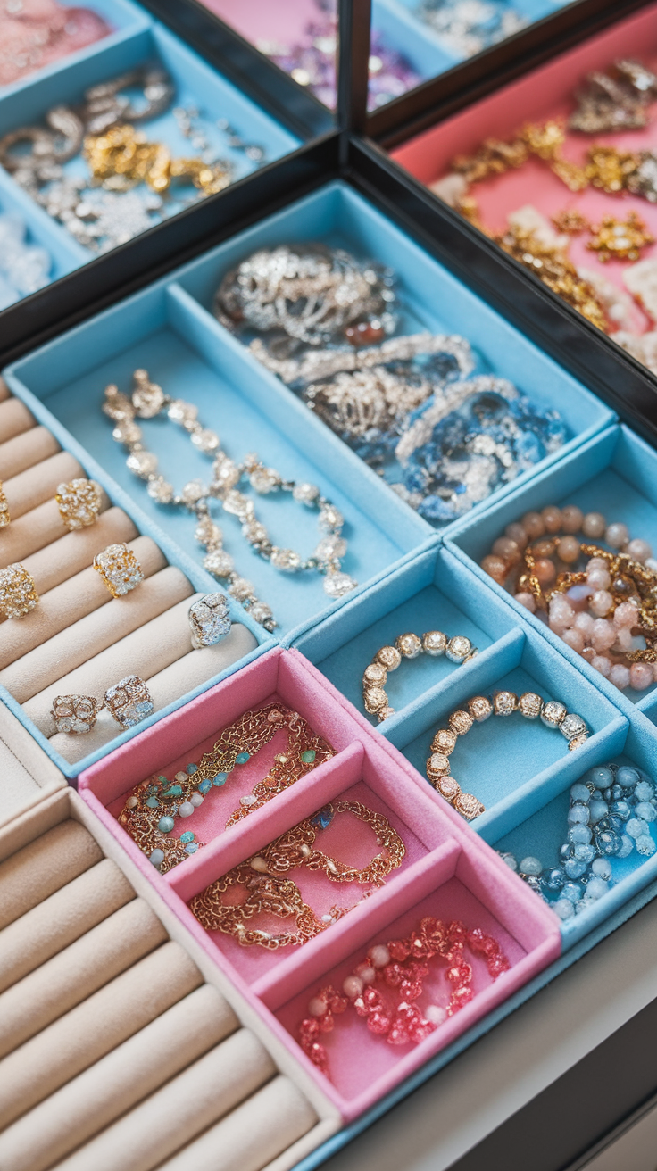 A neatly organized jewelry box with compartments in various colors, holding rings, bracelets, and necklaces.