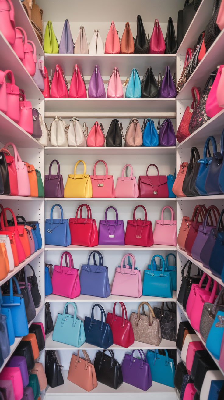 A beautifully organized collection of handbags arranged by color on shelves.