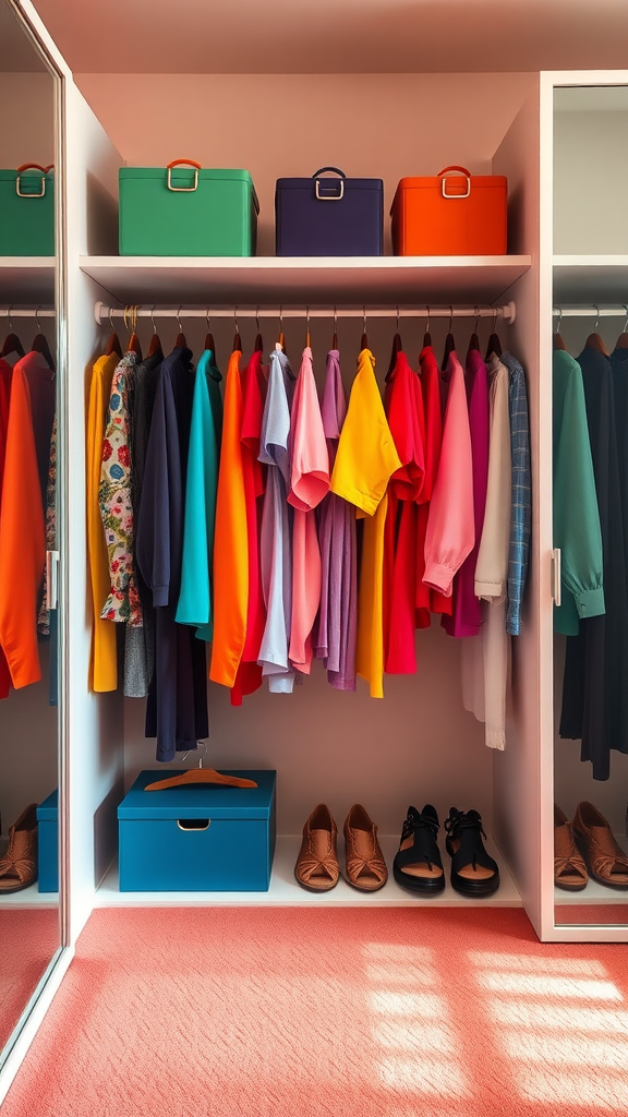 A neatly organized closet with clothes arranged by color, showcasing a vibrant and tidy wardrobe space.