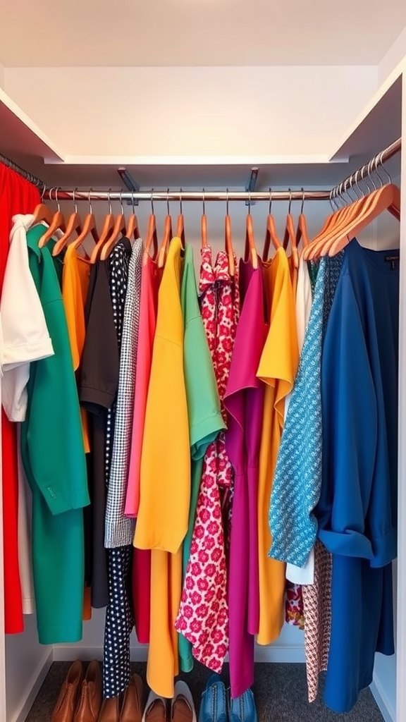 A colorful walk-in closet with clothes organized by color.