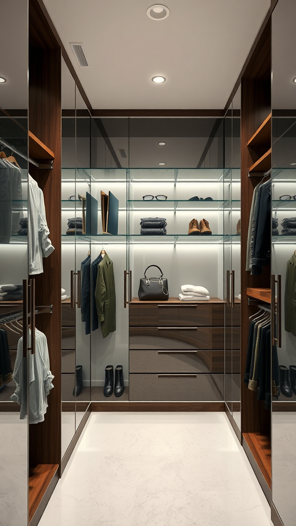 A modern closet featuring glass elements, wooden shelves, and organized clothing.