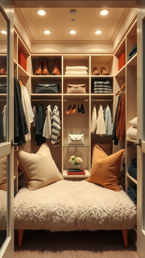 A cozy closet nook featuring a plush bench with pillows, neatly arranged clothes, and warm lighting.