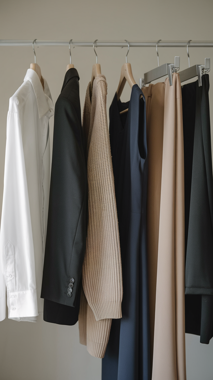 A neatly organized clothing rack featuring various garments.