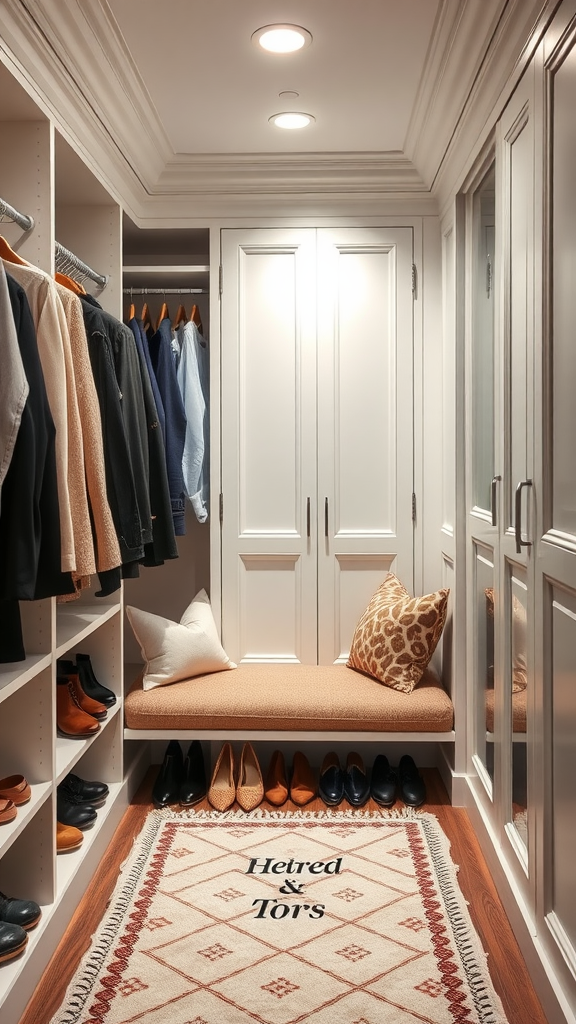 A well-organized walk-in closet with a cozy seating area featuring a cushioned bench and a decorative rug.