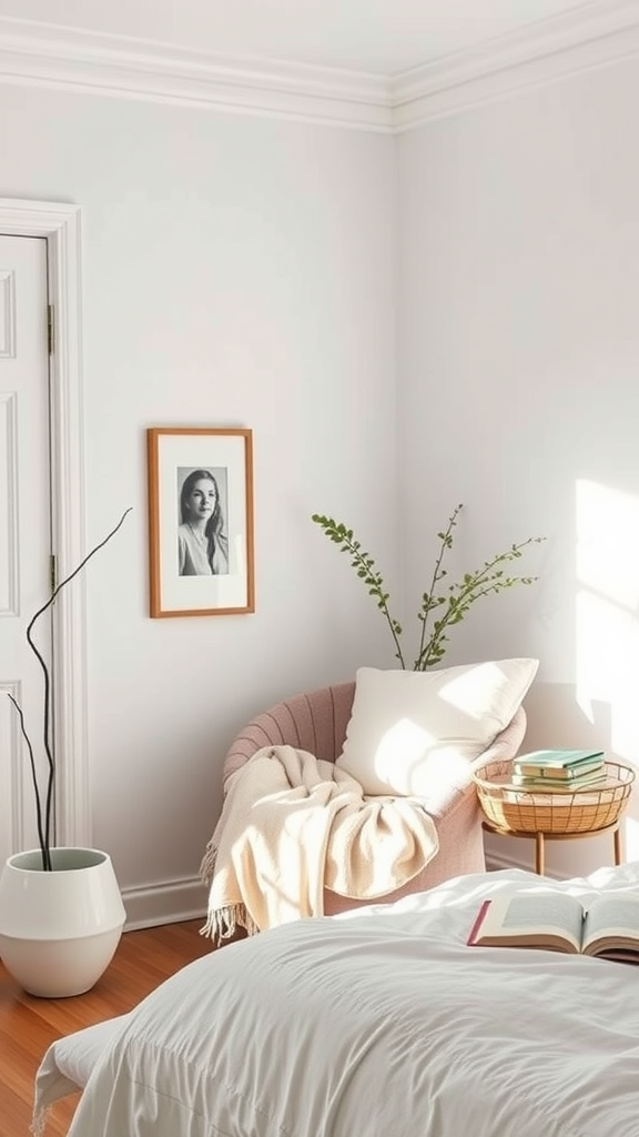A minimalist bedroom corner with a cozy chair, blanket, plant, and a book on a side table.