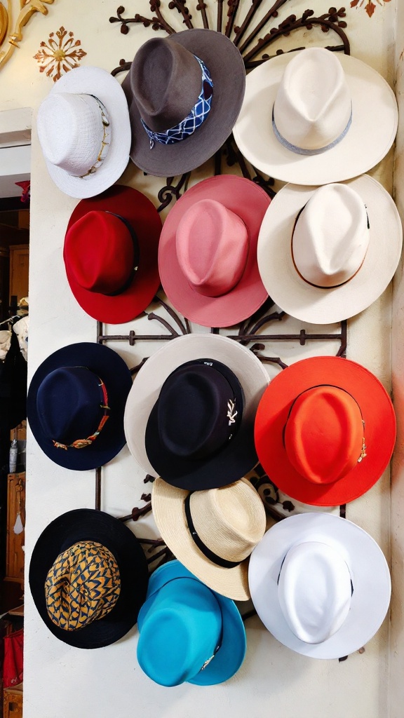 A collection of various hats displayed on a wall in an artistic arrangement.