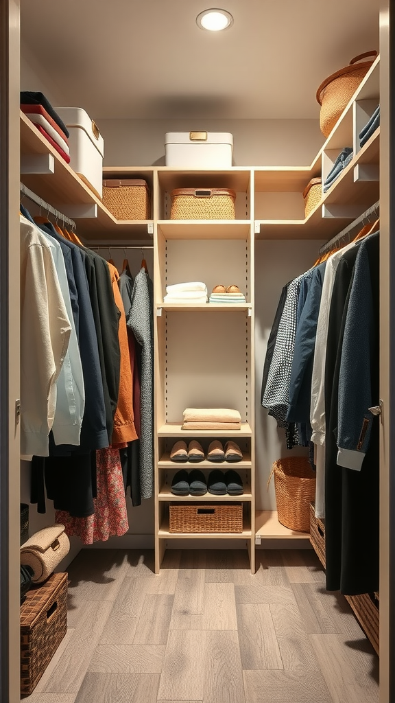An organized closet with vertical shelves, clothing, and storage baskets.