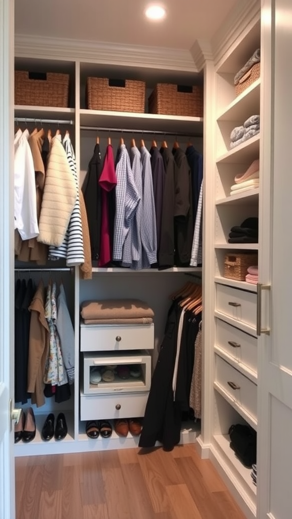 A stylish closet featuring custom built-ins with organized clothing and storage baskets.