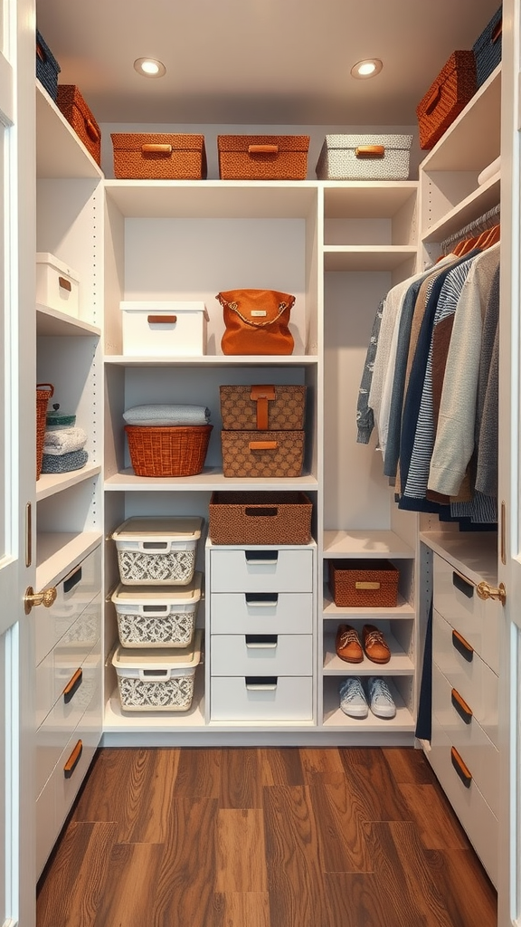A stylishly organized custom closet with shelves, baskets, and drawers for efficient storage.