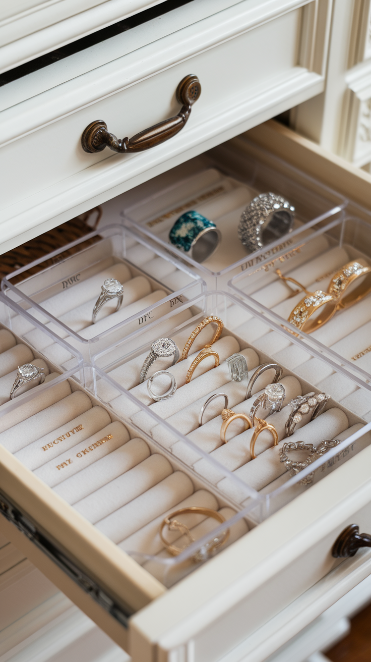 A neatly organized jewelry drawer with custom inserts, showcasing various rings and bracelets.