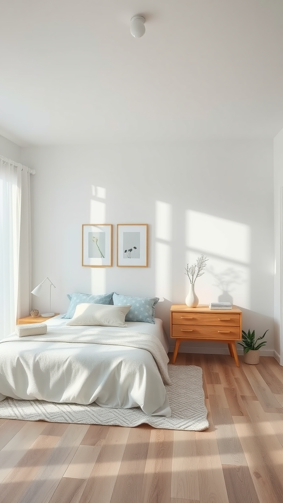A minimalist Zen bedroom featuring a neatly made bed, soft pillows, and natural light.