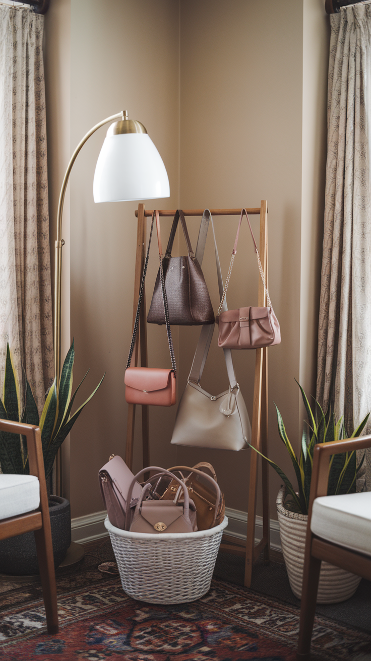 A stylish corner showcasing various handbags on a rack and in a basket, surrounded by plants and warm lighting.