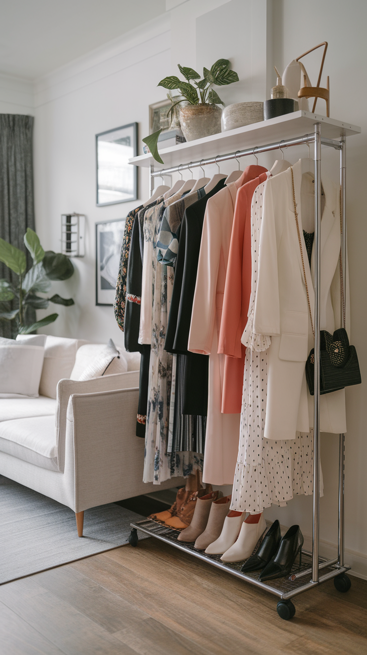A mobile clothing rack displaying various outfits and shoes in a stylish living room.