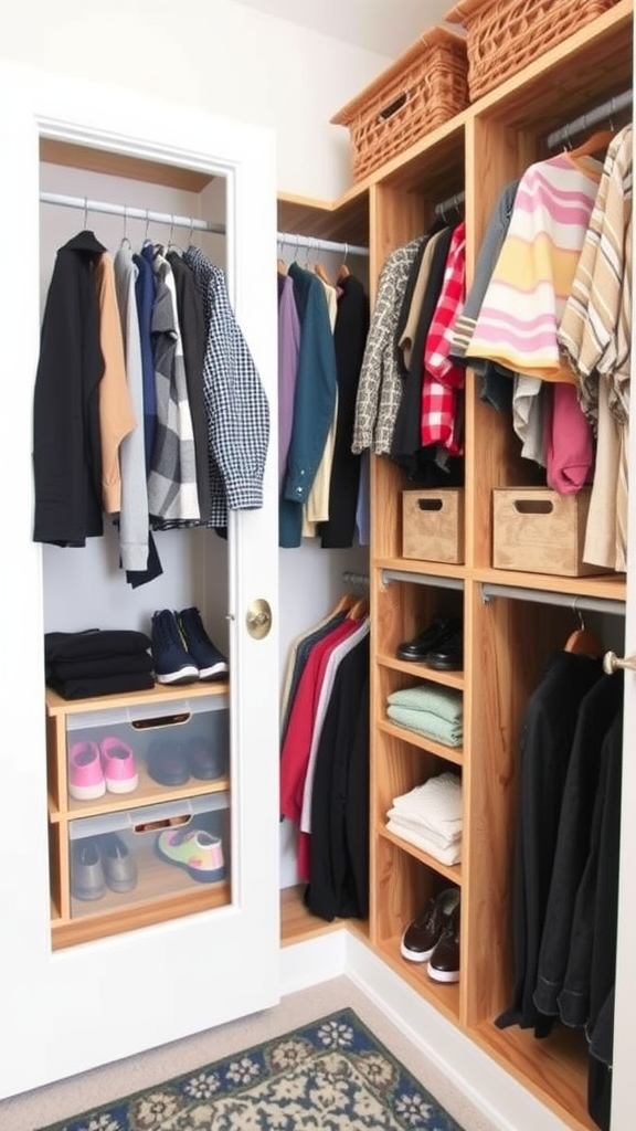 A well-organized walk-in closet with clothing on hangers, wooden shelves, and stylish storage bins.