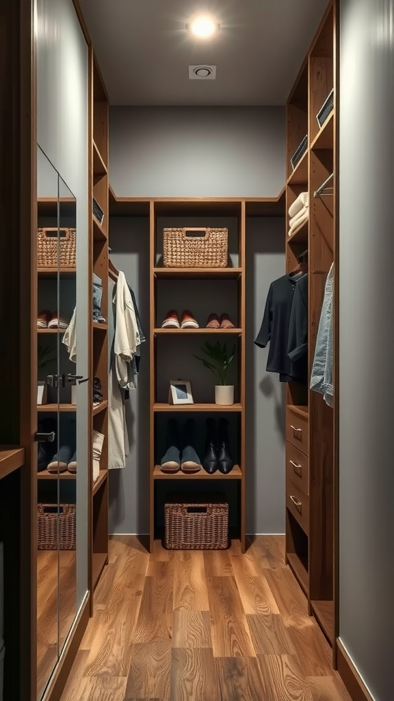 A modern eco-friendly closet featuring wooden shelves and natural storage solutions.
