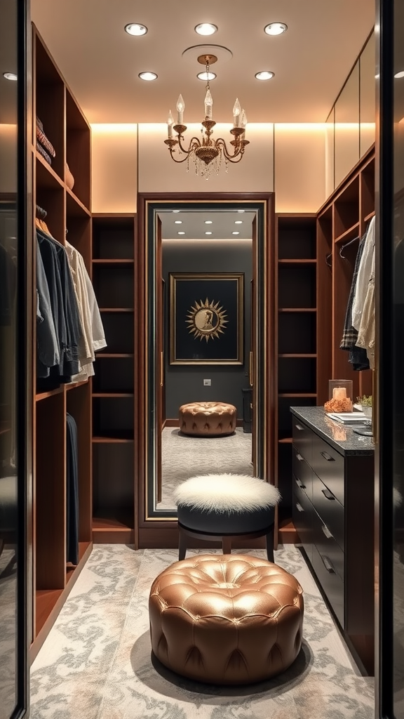 Elegant dressing area featuring stylish poufs, warm lighting, and organized shelves.