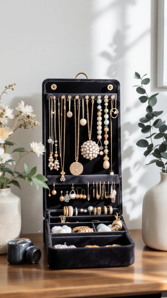 A stylish jewelry organizer displaying various pieces of jewelry with flowers and a camera in the background.