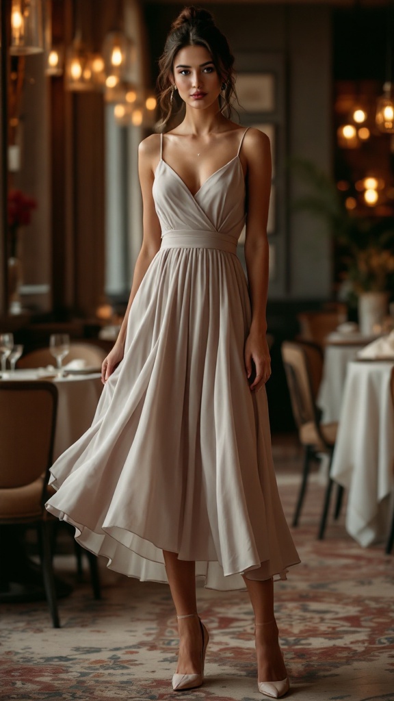 A woman wearing an elegant midi dress with a cinched waist, standing in a stylish restaurant.