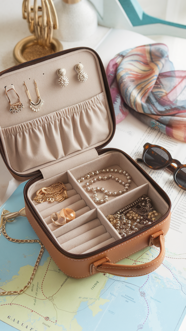 A stylish jewelry case with organized compartments for earrings, necklaces, and rings on a travel map.