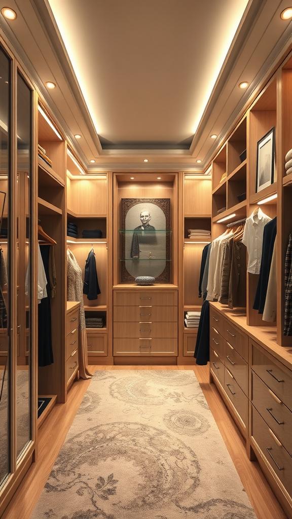 A beautifully designed walk-in closet with wooden shelves and a soft rug.